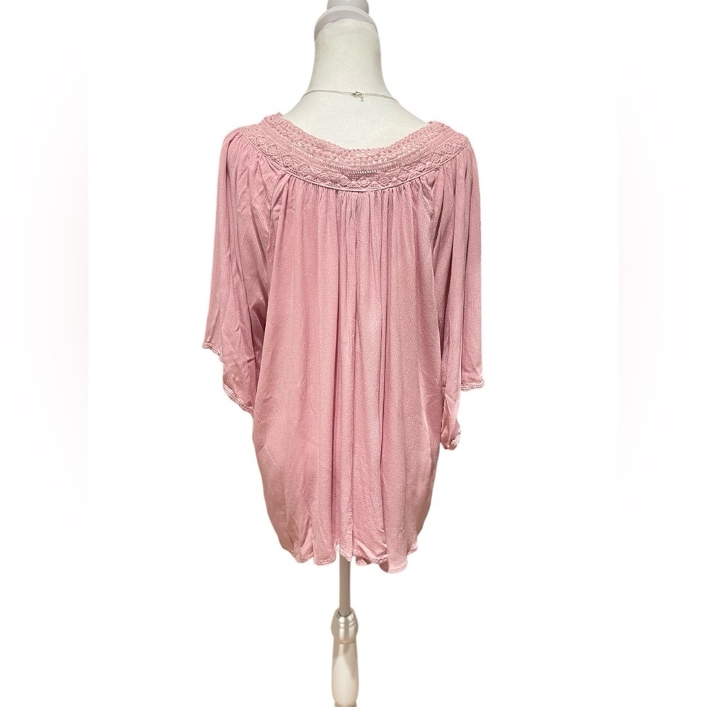 Romantic Blush Pink 1X Flowy Tunic – Cottagecore Smocked Neck & Floral Hem - Picture 5 of 7